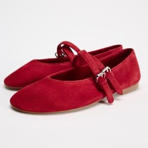 Zara Red Suede Flats with Buckle Strap